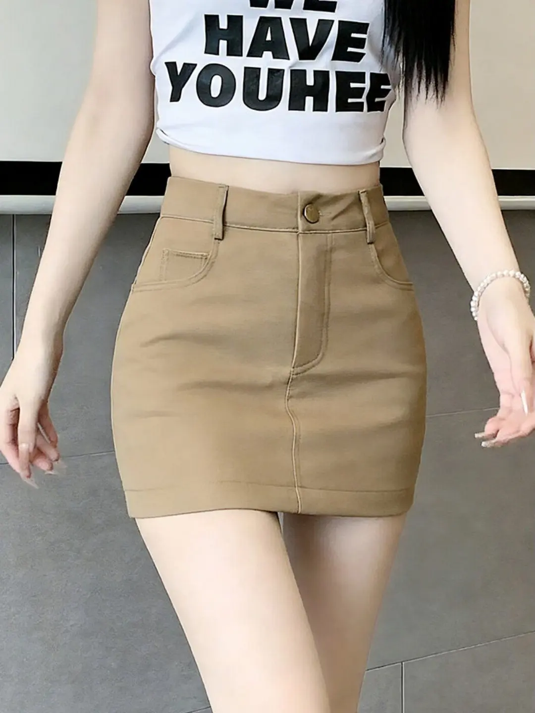 Khaki Short Skirt Pants Women's High Waist A-Line  Skirt Pants Leg Lengthening Effect Youth Casual Pure Color Spring Autumn