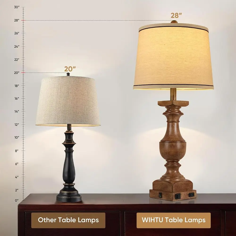 مصابيح طاولة من الخشب المحبب، مجموعة مصابيح مكتبية مكونة من 28 قطعة من الراتنج لغرفة النوم، مصابيح بجانب السرير في المزرعة مع ظلال من الكتان، USB A+C P