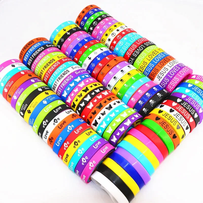 10/20/30/50/100Pcs/Lot Fashion Simple Cross Peace Skull Elasticity Silicone Bracelets For Man Mix Style Jewelry Gifts Wholesale