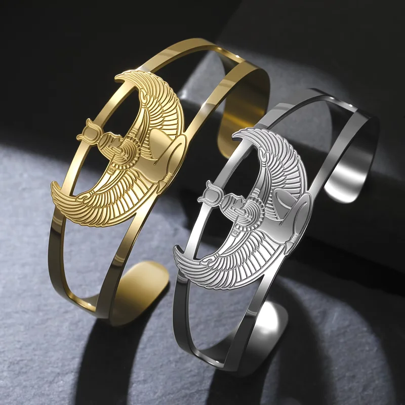 Unisex Nekhbet Vulture Goddess Bracelet Stainless Steel Egyptian Mythology Pendant Couple Lover Jewelry