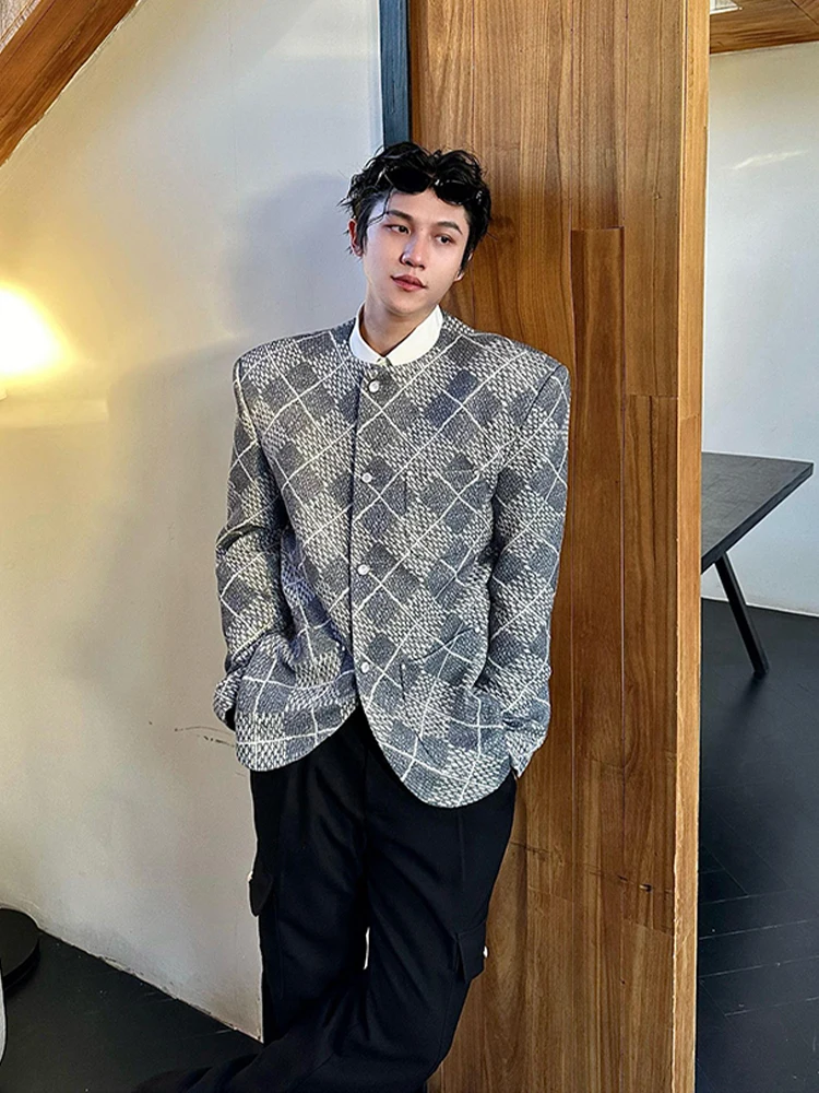 

Spring 2025 Men's Faion oulder Pad Jaet No Collar Embroidery Korean Sle Diamond Pattern Spring Autumn Outerwear