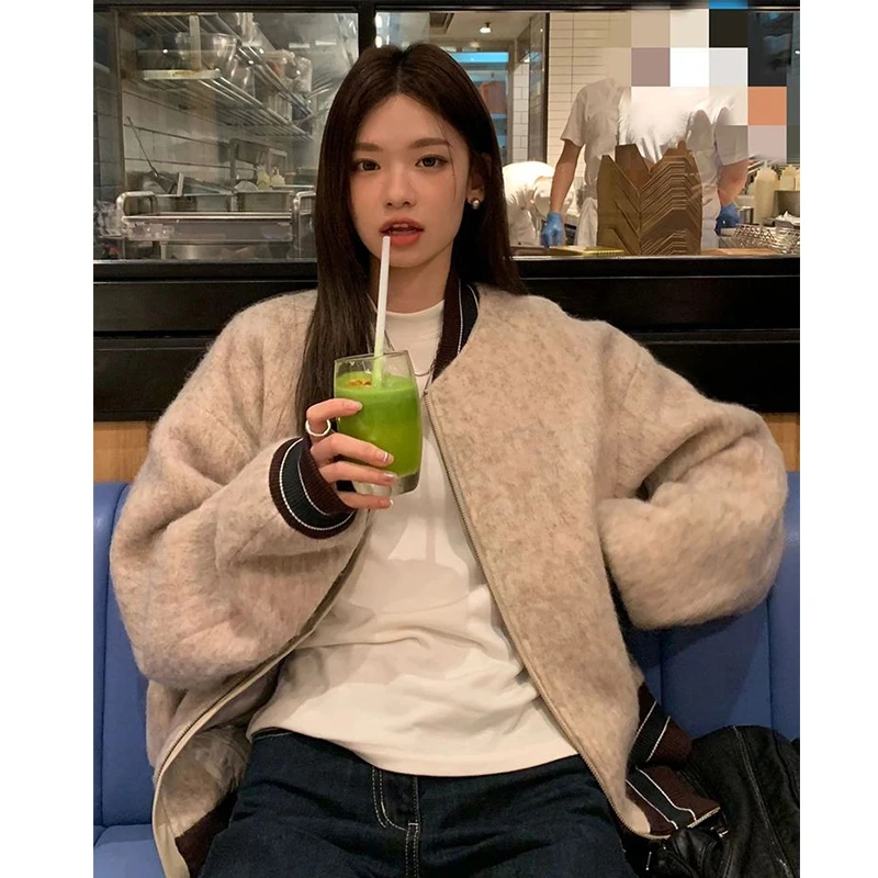 

plus Size 300 Pou Faionable Loose Woolen Jaet Women's Korean Sle College Casual Zipper Baseball Coat Winter Outerwear