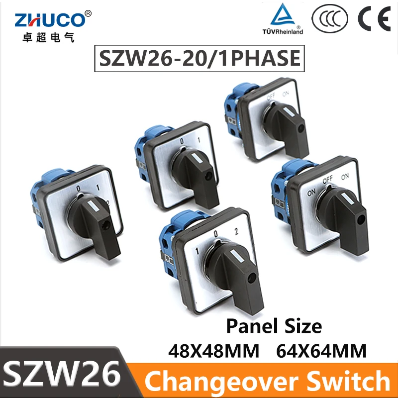 

ZHUCO SZW26/LW26-20 OFF-ON ON-OFF-ON 20A 660V 1 Pole 4 Terminals Selector Rotary Cam Changeover Switch 64X64 48X48mm Panel Mount