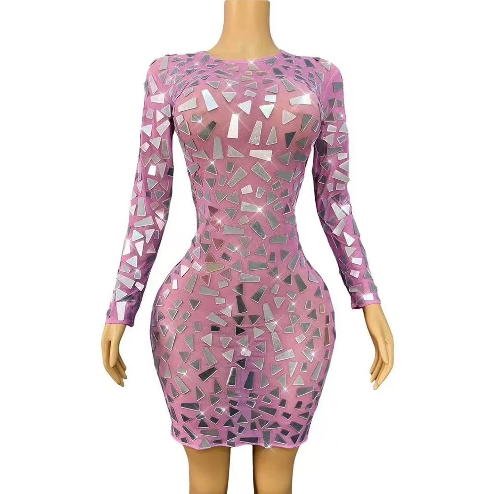 

Sexy Stage Silver Mirrors Cultivation Mesh Dress Women Daily Birthday Party Show Fashion Outfit Singer Dancer Stage Wear