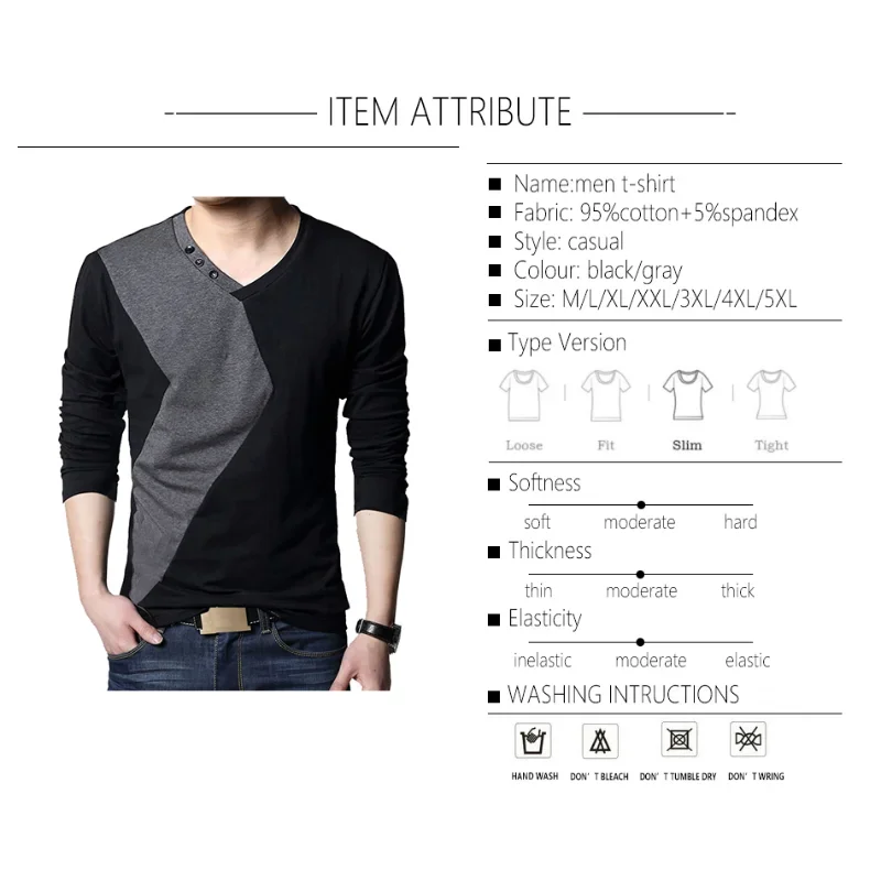 BROWON Brand Autumn Mens T Shirts Fashion 2024 Streetwear Long Sleeve V Neck Color Patchwork Cotton T Shirt Men