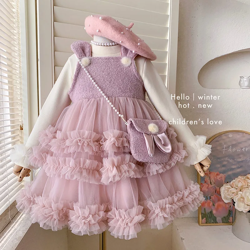 

Girls Winter2025New Girls' Fleece-Lined Sleeveless Base Shirt and Fleece-Lined Bunny Dress Two-Piece Set