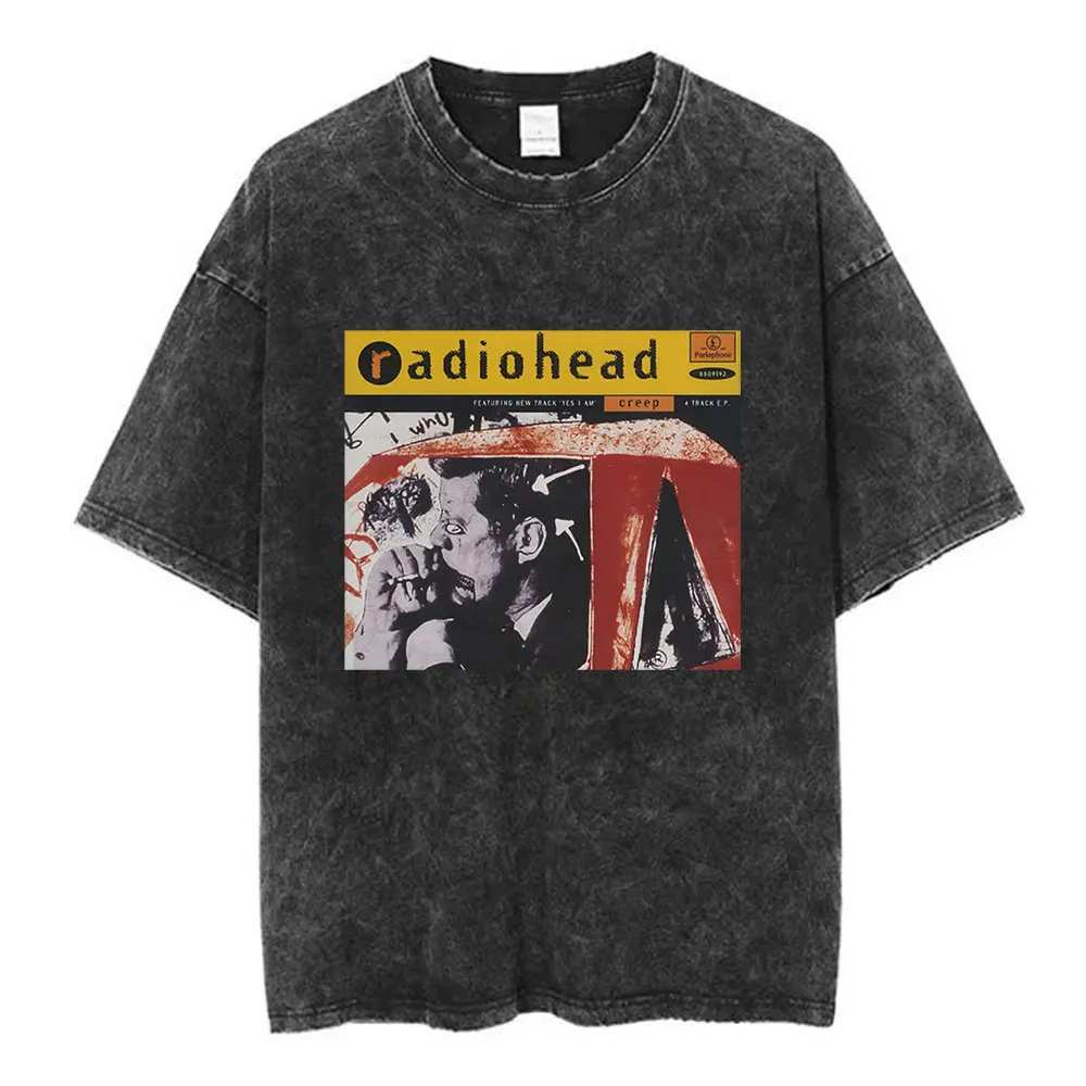 Radiohead Rock Band Washed Cotton T Shirt Men Women Hip Hop Music Tee Fashion Short Sleeve Tshirt Summer Oversized T-shirts Tops