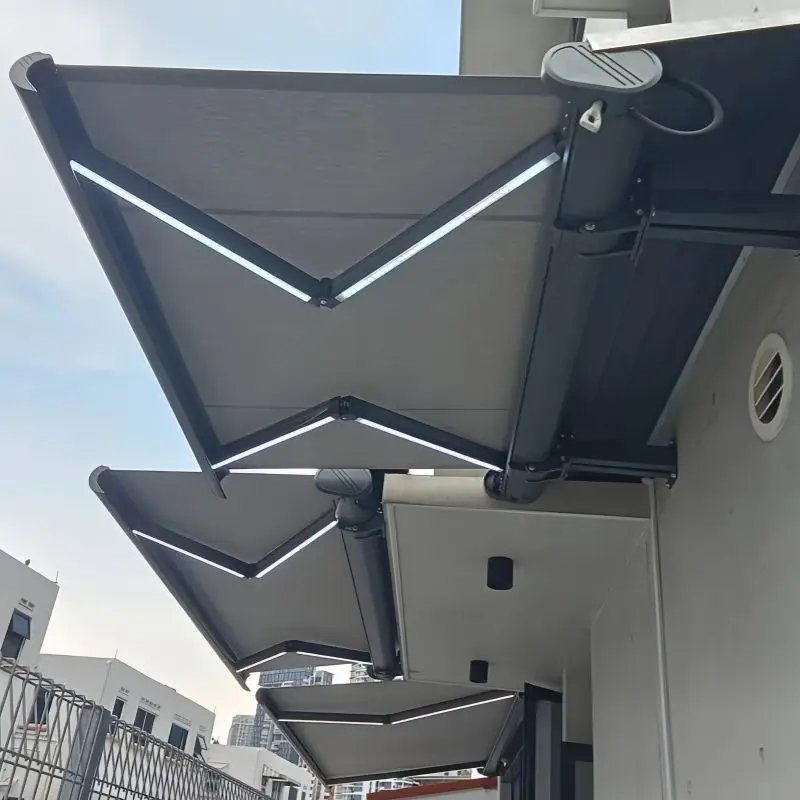 Affordable Outdoor Aluminum Frame Acrylic Sunshade Equipped with LED Lights Outdoor Leisure Canopy Quiet Start Up Awning