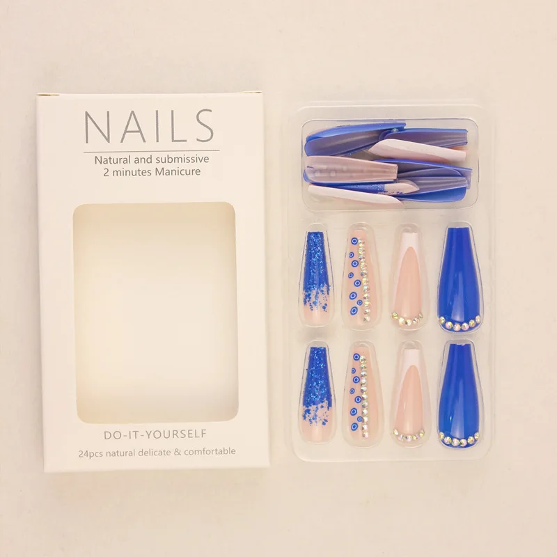 Faux ongles longs en diamant coloré bleu pour femme, faux ongles finis de luxe, patch N64.Perfecsouhaits, autocollant pour ongles, 24 pièces