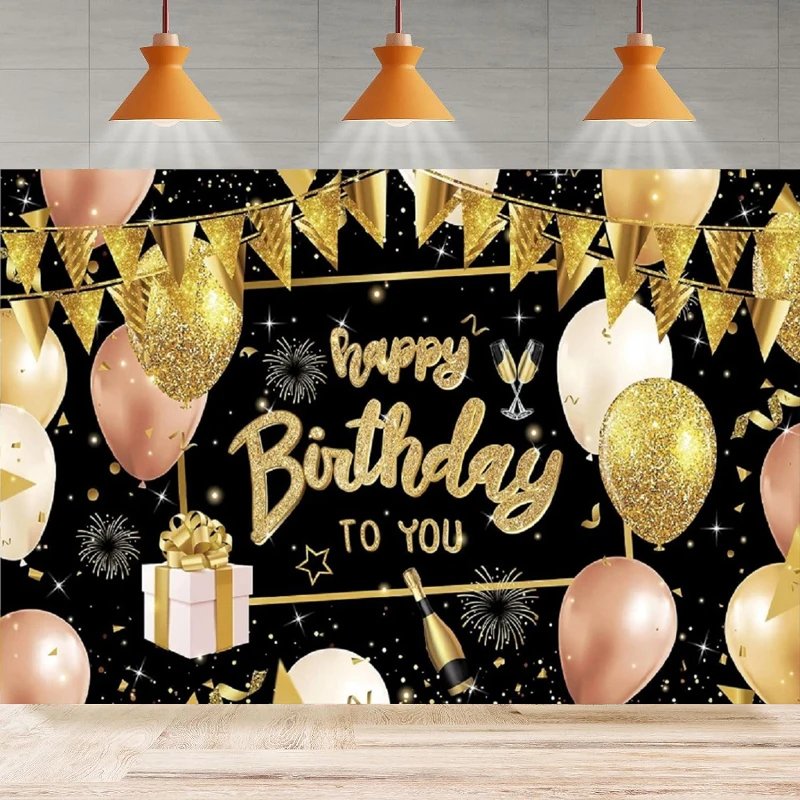 Happy Birthday Black And Gold Photography Backdrop Men Women Glitter Balloon Fireworks Sign Backgroud Party Backdrop Wall Banner