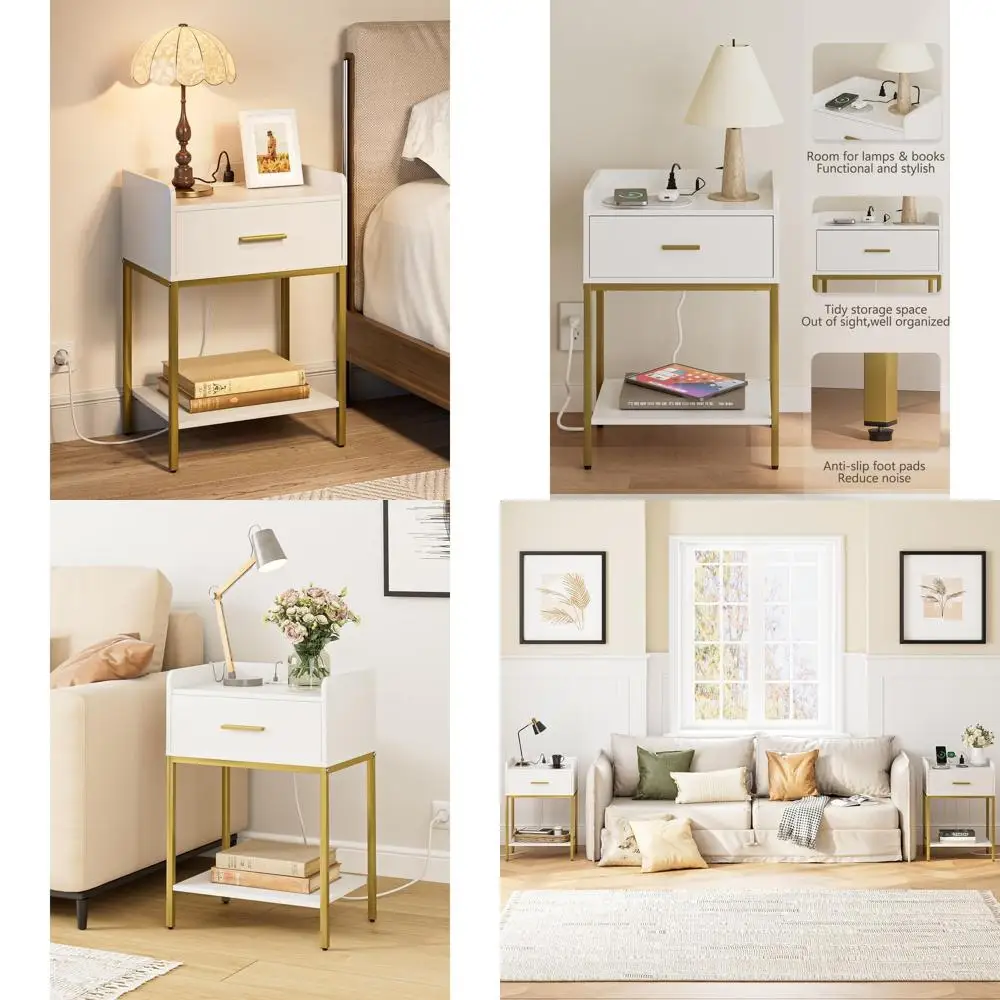 

Компактная 3-уровневая прикроватная тумбочка с зарядной станцией и местом для хранения для спален и гостиных, белая