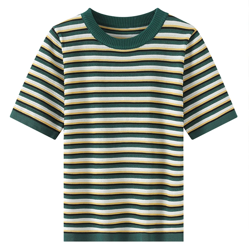 

Summer New Women's Short Sleeve Ice Silk Knitted Striped T-Shirt Korean Fashionable Top for Women