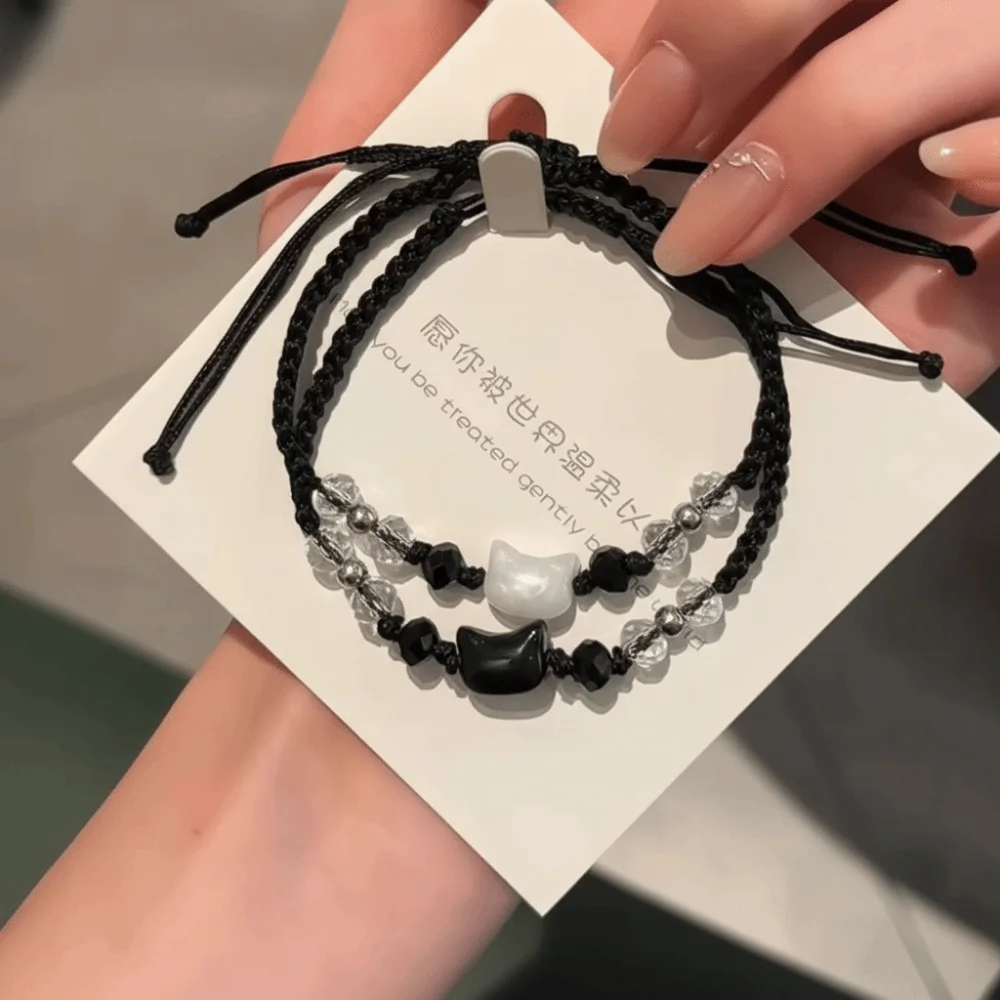 

Minimalist Design Couple Bracelet Cute Black White Rabbit Woven Bracelet Beaded Moonstone Obsidian Cat Bracelet Friendship Gift