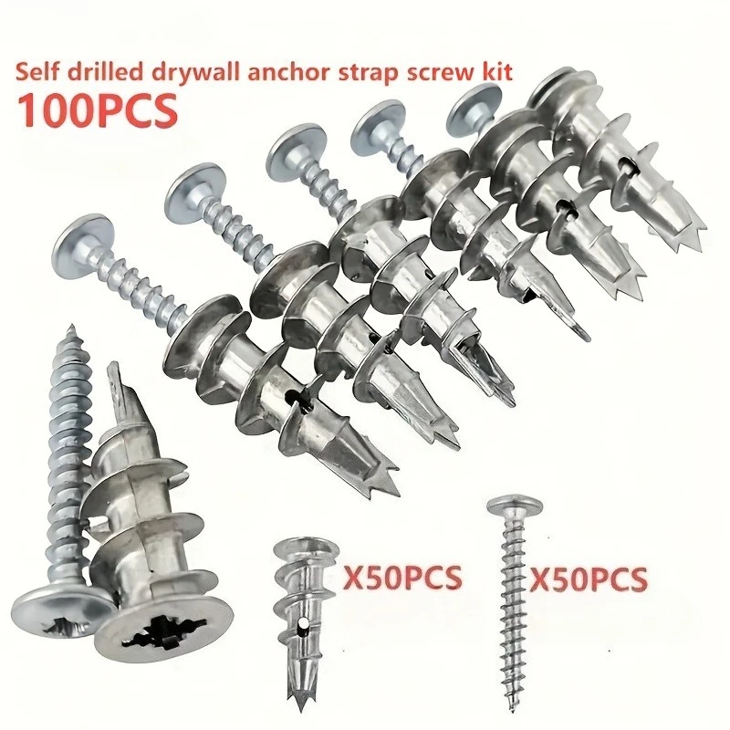100pcsHeavy Duty Zinc Alloy Self-Drilled Anchors&Screws Kit with Triple Tip Design Hollow Tail SpiralExpansion for Plasterboard