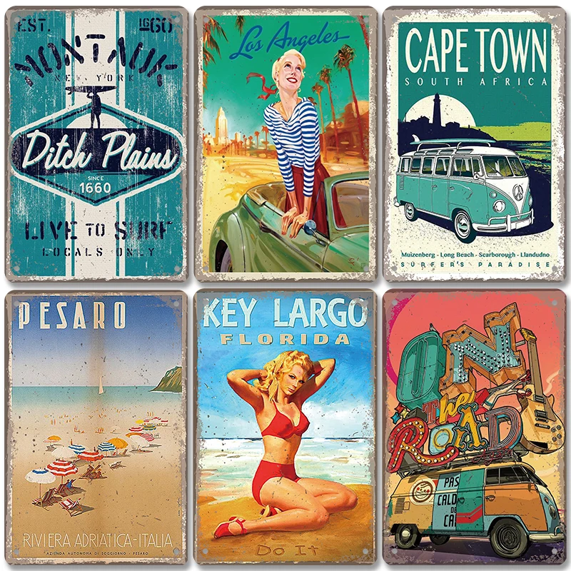 Beach Bus Vintage Tin Signs Metal Plaque Retro Summer Travel Poster Decorative Plate Wall Decor For Seaside Bar House Motel Room