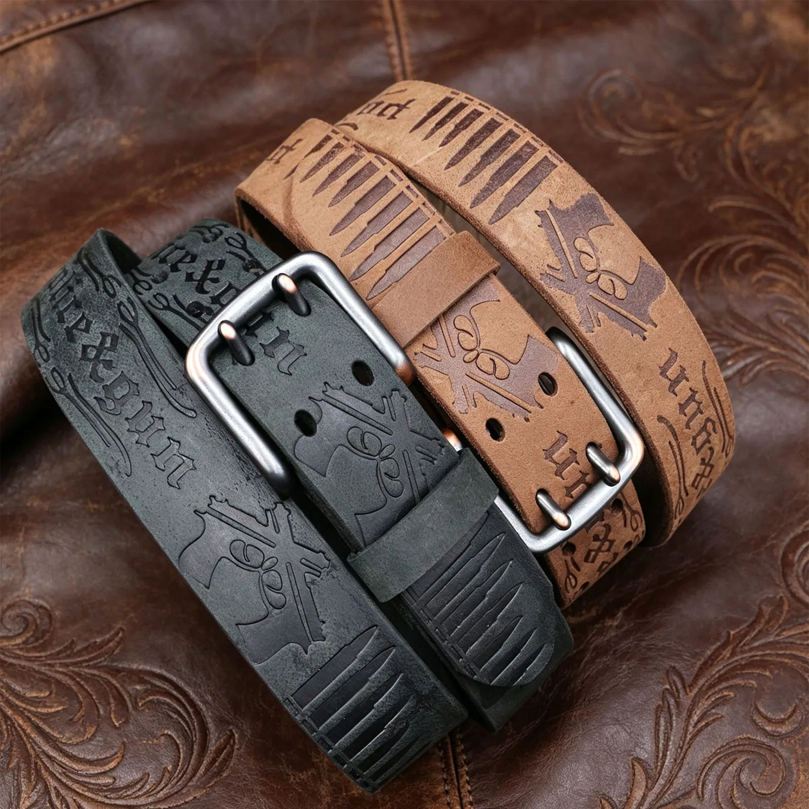 Vintage Crazy Horse Full Grain Leather Belt, Distressed Embossed Gun Bullet Pattern Double Prong Buckle Retro Casual Waist Belt