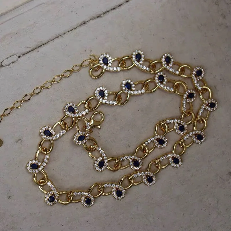 Temperamento vintage con orecchini Rheinstone blu Collana per girocollo da donna, regalo per ragazza, commercio all'ingrosso di gioielli