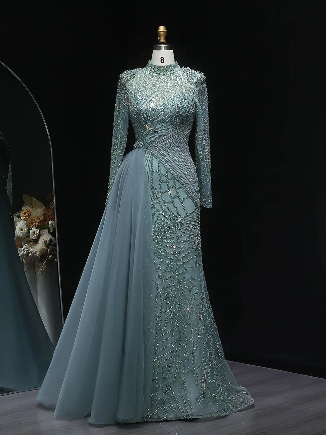 Sharon Said Luxuriöses Perlenbesetztes Staubrosafarbenes Abendkleid mit Schlitz-Seitenrock, Damenkleid mit Langen Ärmeln für Hochzeitsfeier, SS064 Maßanfertigung – Detail 8