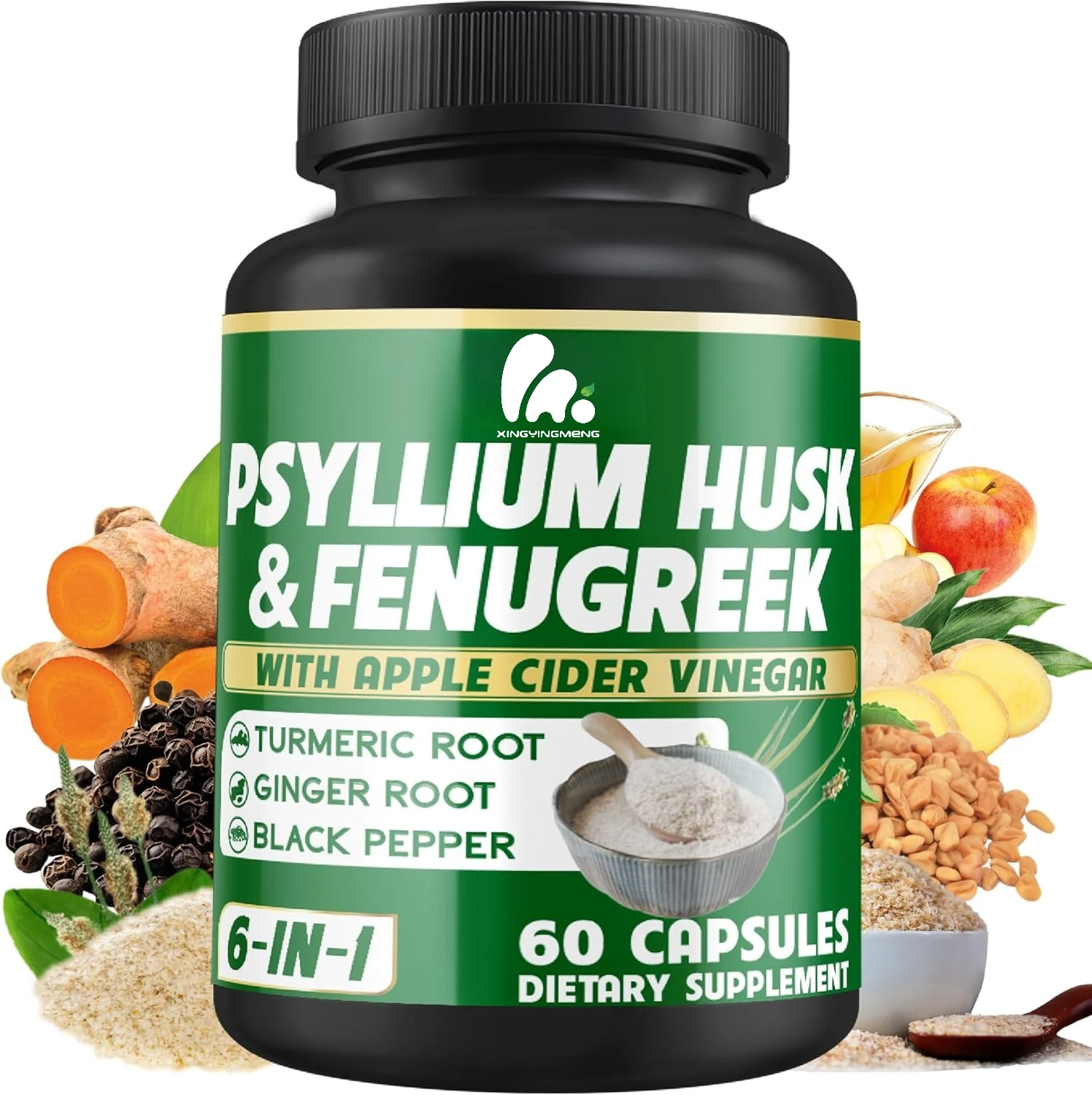 Plantago asiática, vinagre de sidra de manzana, cúrcuma, jengibre, pimienta negra, suplementos de fibra, soporte para la salud digestiva -60 cápsulas