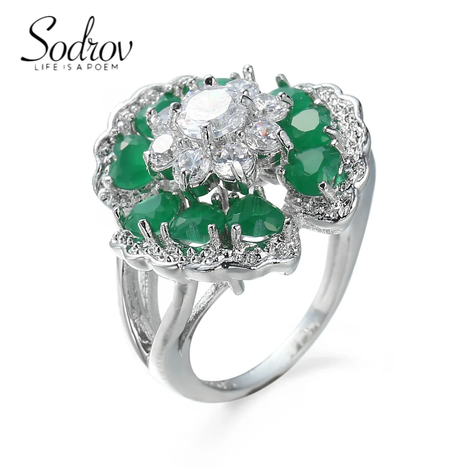 SODROV Vintage Green Zircon Jewelry Flower Shape Rings for Women