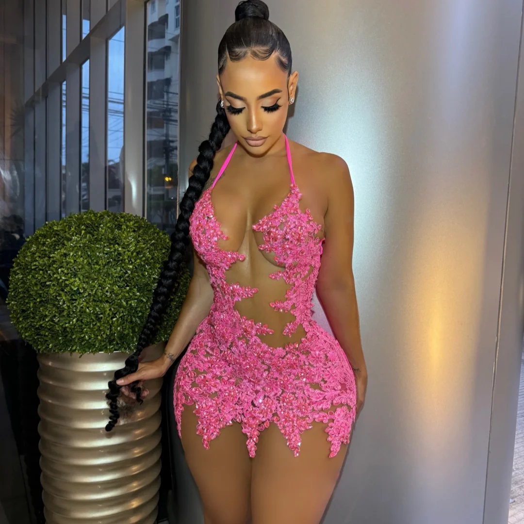 

Pink Beaded Short Prom Dresses Black Girls Halter Birthday Party Dresses African Mini Cocktail Dresses Homecoming Customized