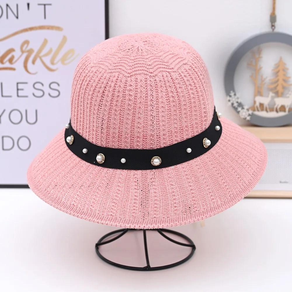 

Fashion Women's Sun Hat Simple Breathable Refreshing Hat Summer Travel Sunscreen Sun Pearl Decoration Foldable Straw Hat