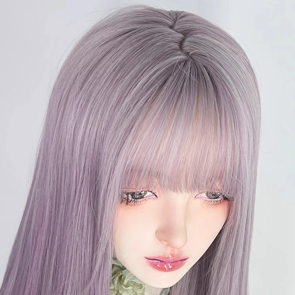 Synthetic Long Straight Gray Purple Women Wig with Bangs Middle Part Lolita Cosplay Fluffy Wig for Daily Party