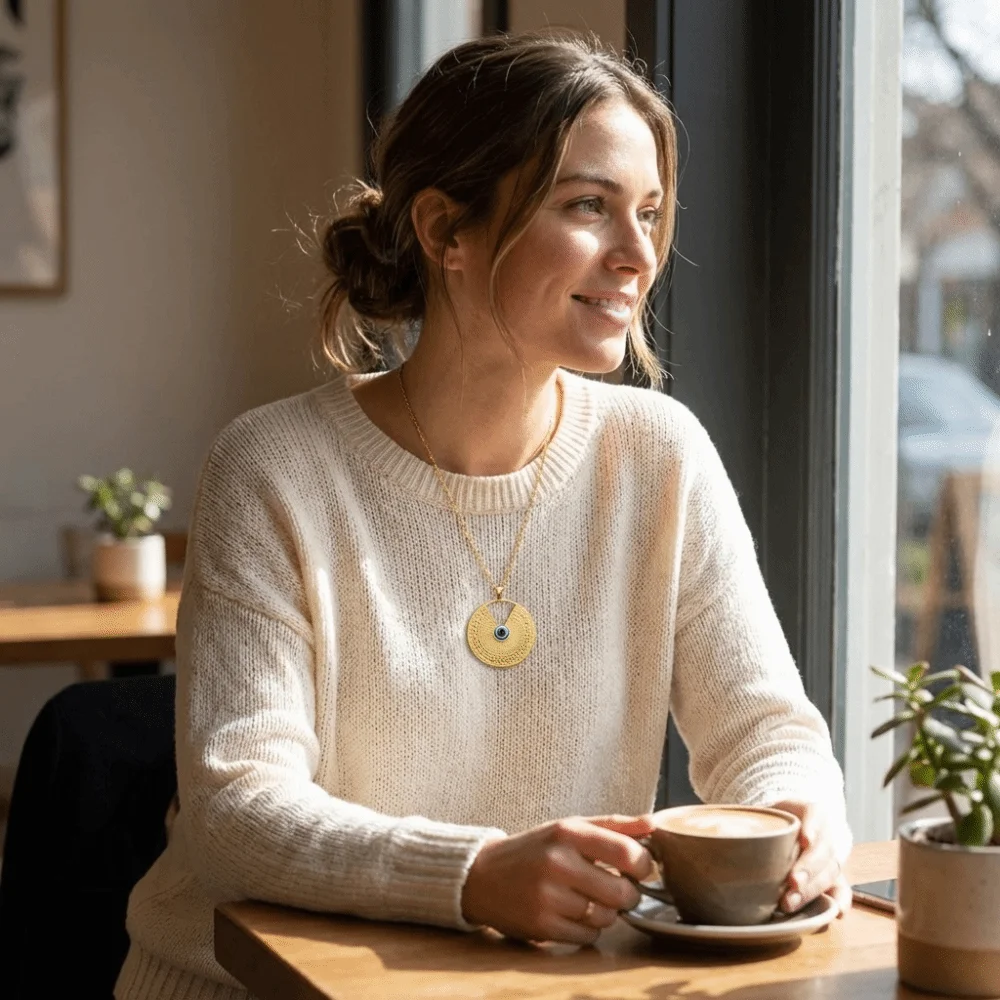 Stainless Steel Blue Eye Pendant Necklace Minimalist Retro Style Charm Demon Eye Necklace Layering Necklace Adjustable