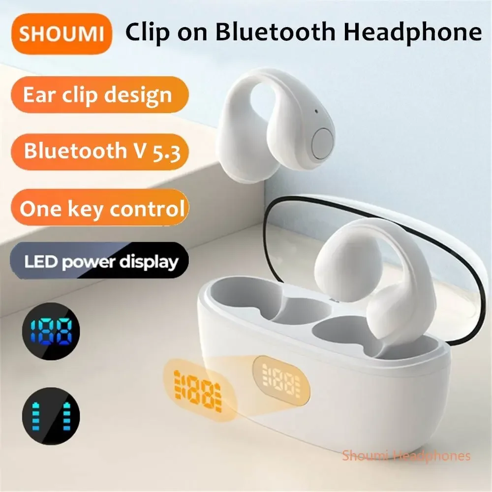 

Shoumi Tws Wireless Headphones Bluetooth 5.3 Bone Conduction Clip On Earphones Ear Clip Design Stereo LED Earbuds Sports Headset