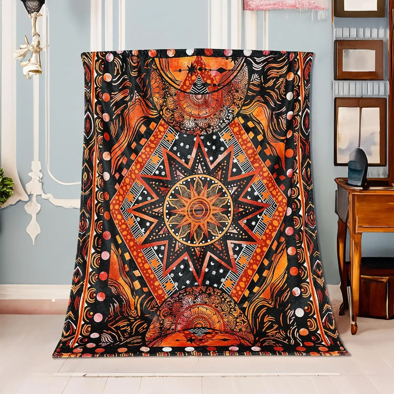 Mandala blanket tribal pattern orange black design spiritual art boho decor home textile cozy throw meditative accessory