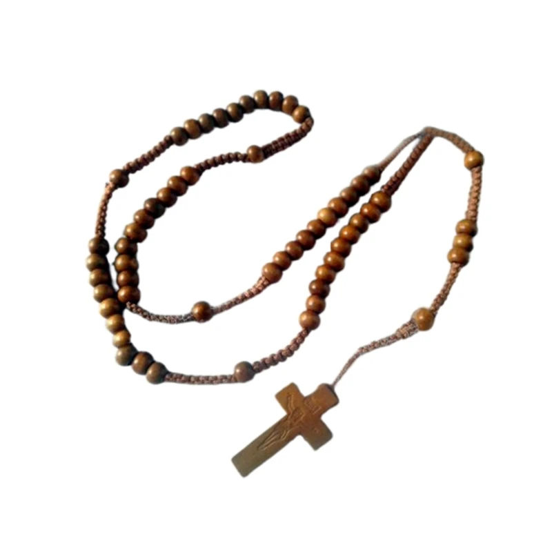 Wood Beads Cross Rosary Necklace Holy Catholic Jewelry Charm Crafts for Christian Church Home Bedroom Decoration