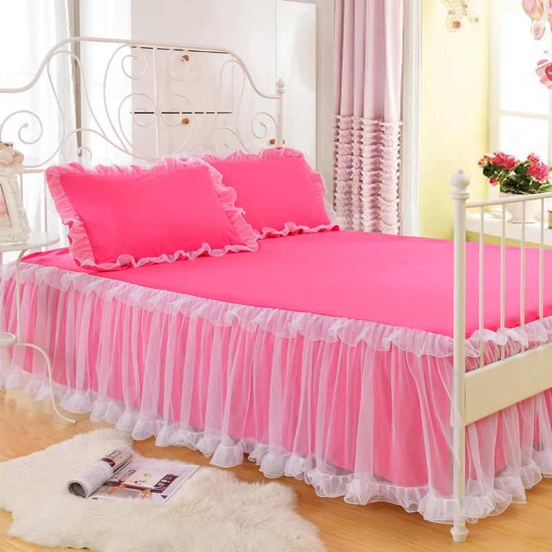 

3PCS Set Bedding (1pc Lace Bed Skirt + 2pcs Pillowcases) Romantic Lace Ruffle Princess Bedding Bedspreads Sheet Bed for Girl Bed