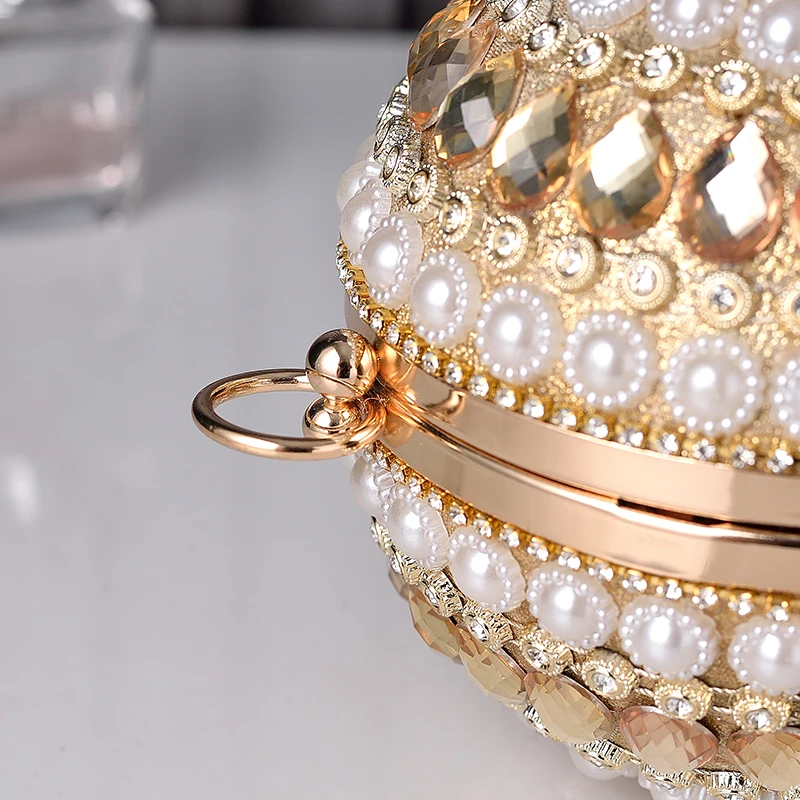 Women's Round Ball Clutch Purse Rhinestones Evening Handbag Beaded Pearl Clutch Bag Banquet Clutch Rhinestone Chain Bags