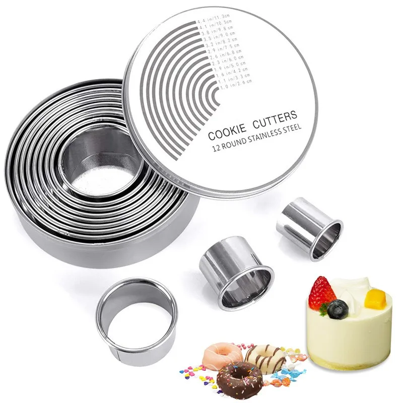 11/12pcs Round Cookie Mold Set Stainless Steel Cutting Mold Suitable For Baking Cakes Mousse Donuts Fondant Cookie Ring Mold