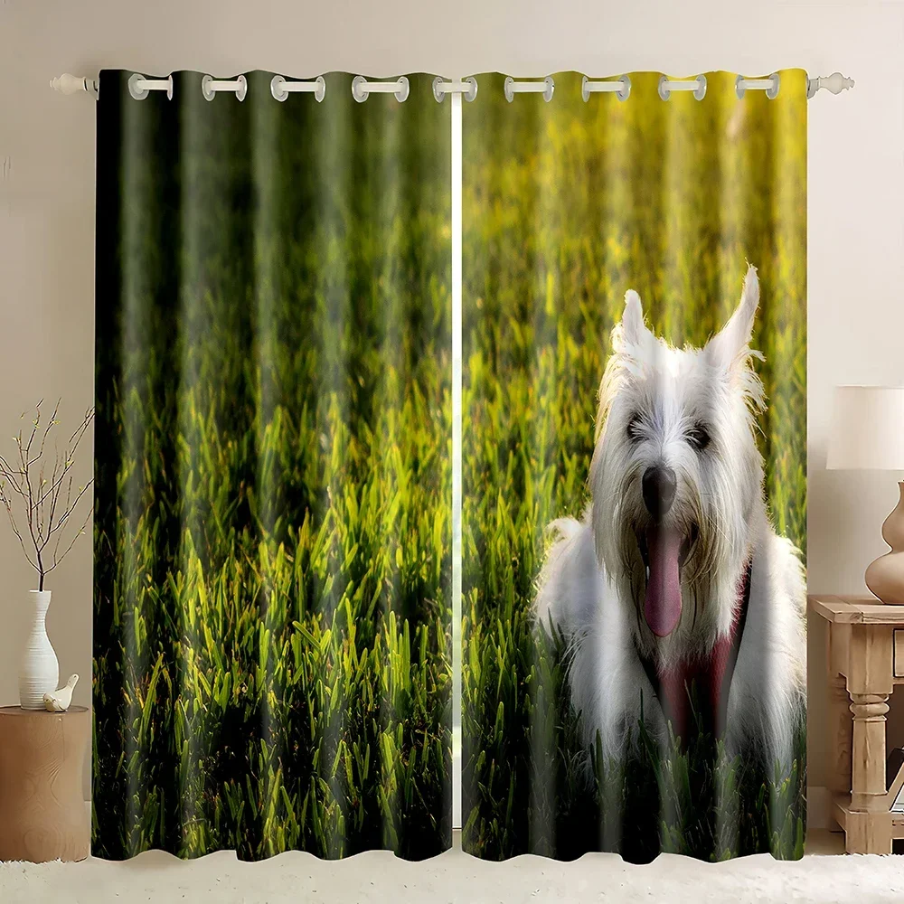 West Highland White Terrier Dog Printed Sheer Window Curtain,White Puppies Running On The Grass,Pet Puppy Dog Blackout Curtains