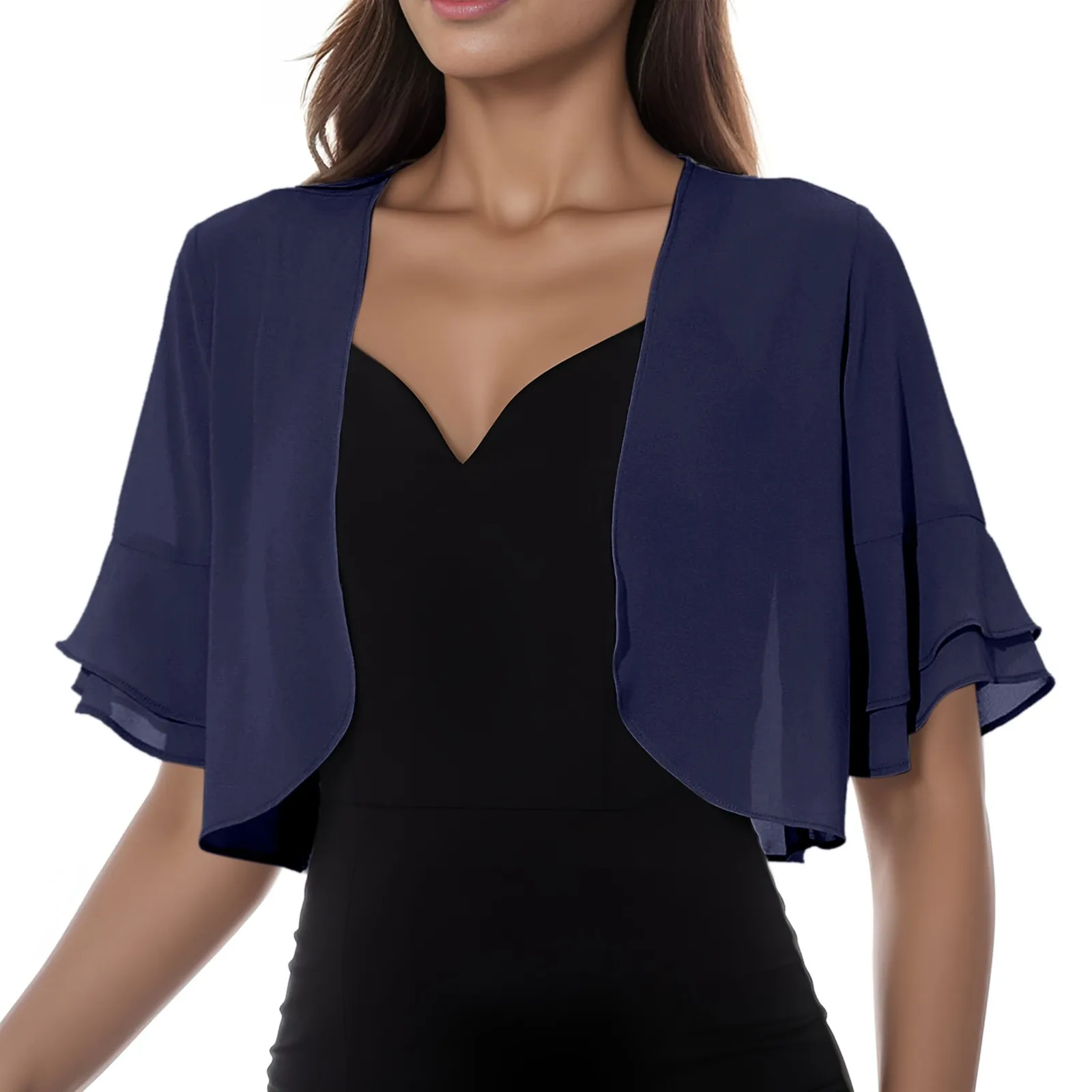 Dames Open Voorkant Korte Mouw Chiffon Vest Zomer Mode Korte Shrug Bolero Vrouwen Cropped Doorschijnende Sjaal Jas Bovenkleding