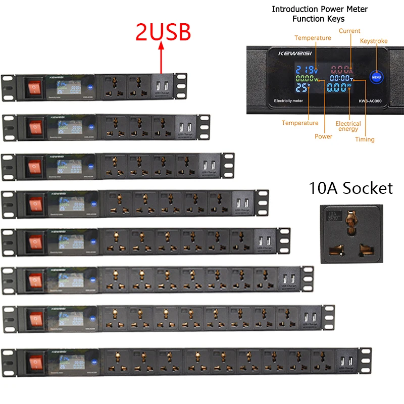 

Network cabinet rack power panel universal socket 2USB LCD AC voltmeter home office electricity meter 2m extension cable