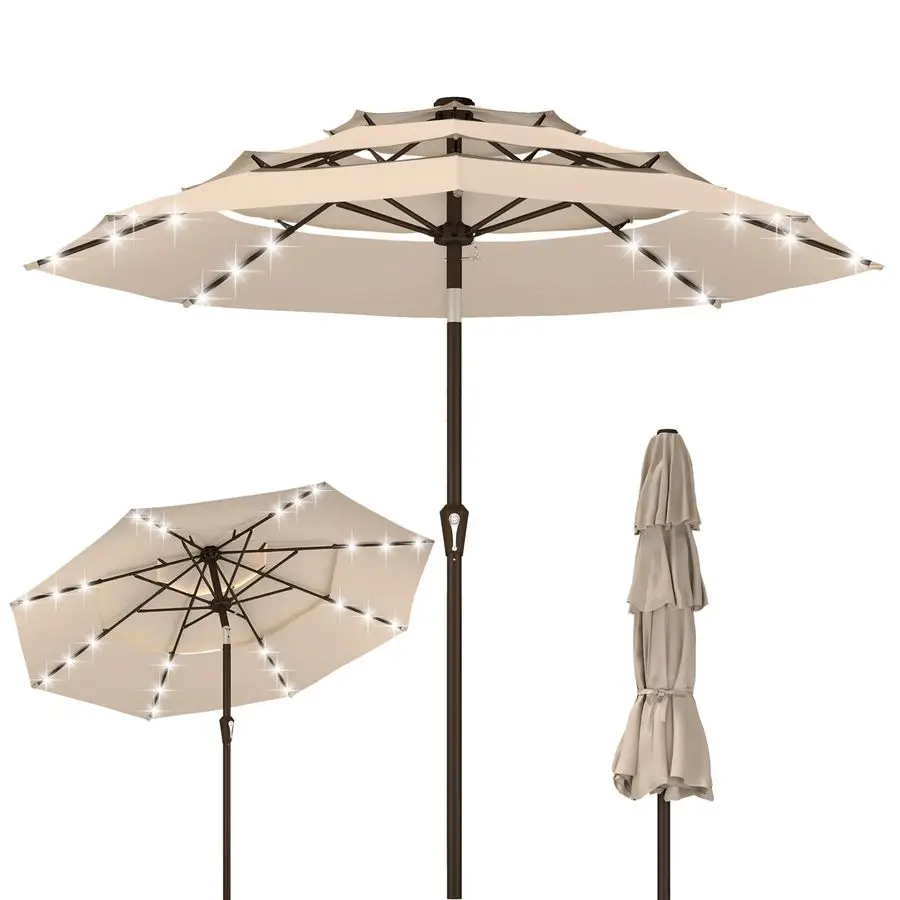 

9ft 3Tier Patio Umbrella with Solar Lights, Table Umbrella Outdoor Patio with Easy Crank amp Tilt, 8 Sturdy Ribs, UV Protection,