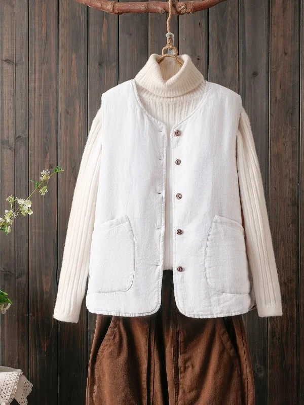 Casual Cotton Linen Tank Top Women's Loose Fit round Neck Warm Outerwear Vest Autumn Winter Fashion plus Size Button up