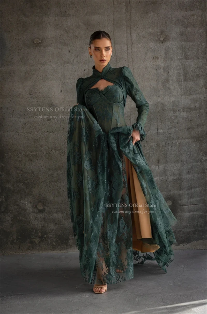SSYTENS Szmaragdowozielone Sukienki Wieczorowe Długi Rękaw Sukienki na Specjalne Okazje Sukienki Koronkowe Vestidos Para Eventos Especiales Szyte na Miarę