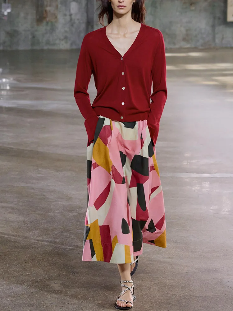 

New Summer High Waist Printed Midi Skirt Versatile Slimming Women's Faion Commute A-Line Skirt Floral Pattern f-length