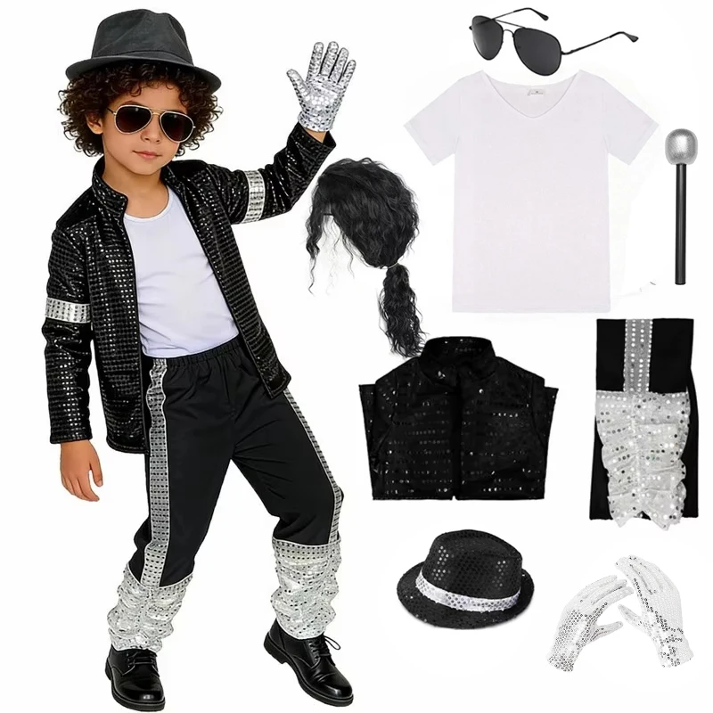 Retro-Popstar-Auftrittsanzug für Jungen, schwarz-silberne Paillettenkleidung, Komplettset, Kinder-Halloween-Maskerade-Hip-Hop-Partykostüm