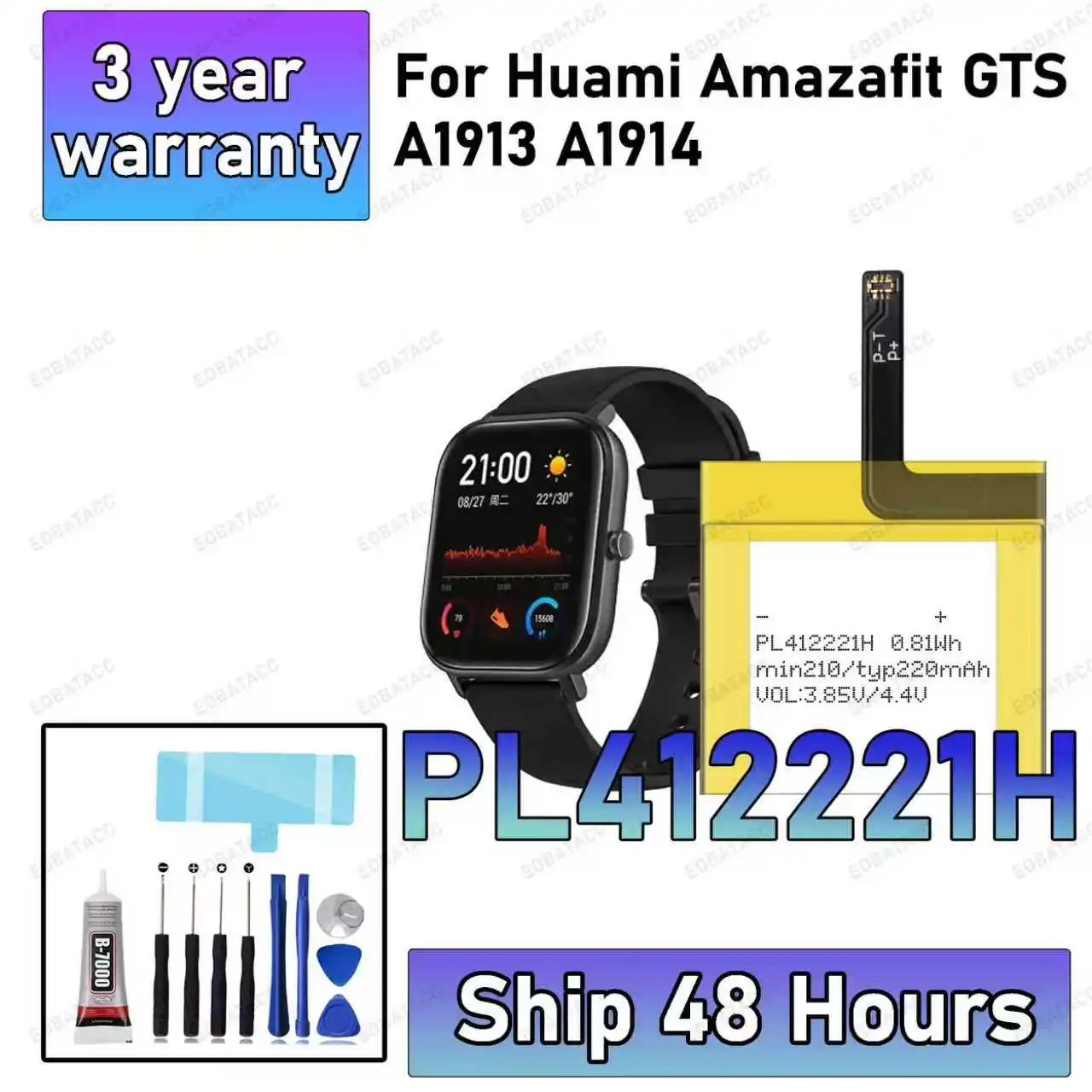 100% New High Quanlity PL412221H New Battery For Huami Amazafit GTS A1913 A1914 Smart Watch Battery 412221 + Free Tools