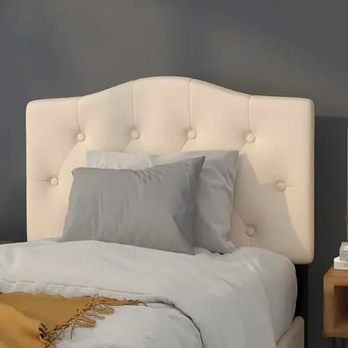 Twin Size Tufted Upholstered Headboard with Adjustable Metal Bed Rail Slots, Modern Fabric Upholstered Twin Headboard