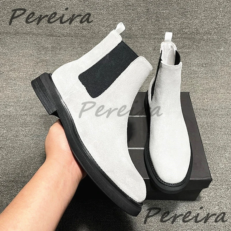 Black and White Genuine Leather Chelsea Boots British Style Round Toe Thick Soled Short Boots Fashion Handmade Men's Shoes