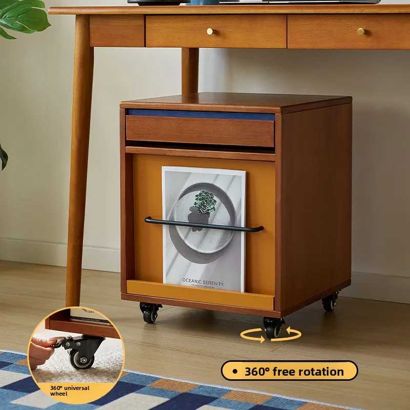 Solid wood antique style bedside simple bedroom household integrated locker with wheels can be moved