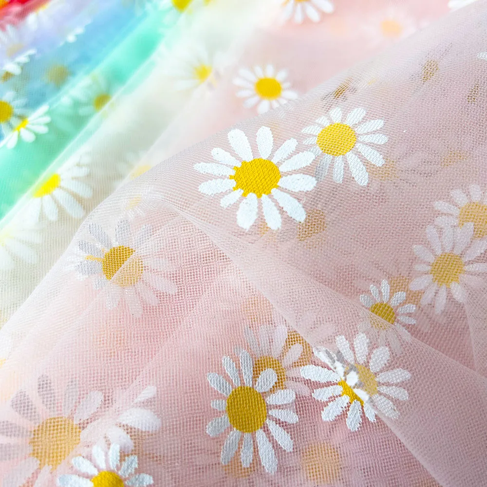 59in x 35in Daisy Printing Tulle Fabric for Girl Summer Princess Dress Handmade DIY for Curtain Garment Wedding Stage Decoration