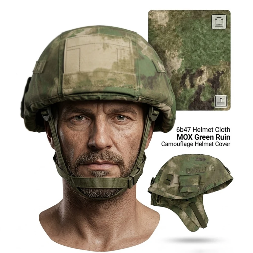 1PC 6b47 Funda para Casco Táctico, Camuflaje Verde MOX Ruin, Tela de Poliéster y Algodón Resistente al Viento y a Desgarros, Accesorio de Caza