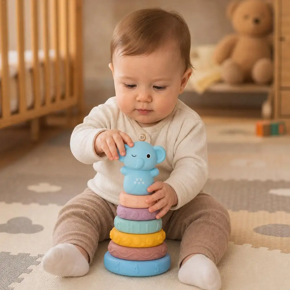 Baby Stacking Toys Soft Silicone Tower Cute Animal Embossed Educational Bath Toy For Toddlers Months Gift