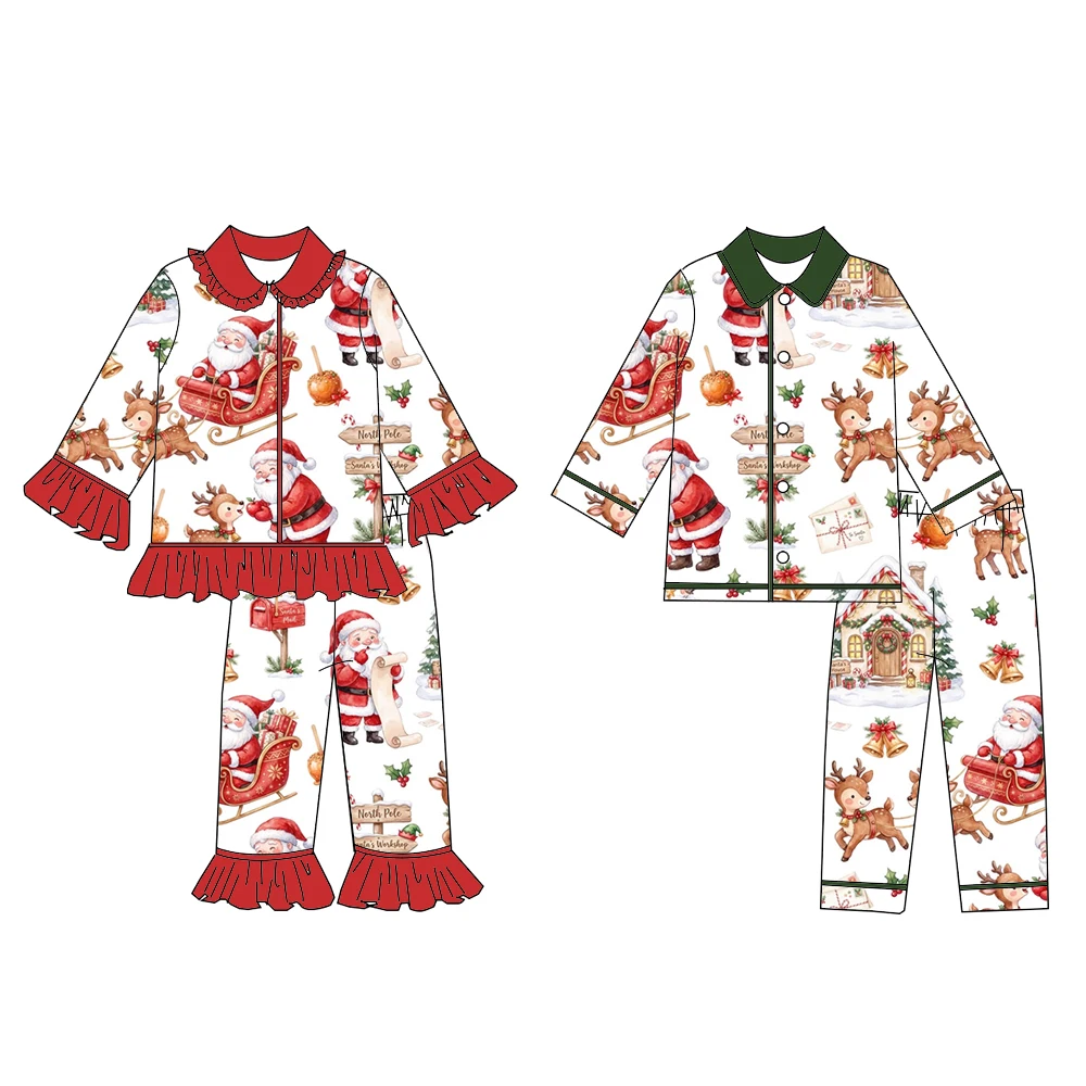 Boutique Boy Girl Christmas Set Christmas Series Print Long Sleeve Button Down Top Trousers 2Pcs Kids Ruffle 4